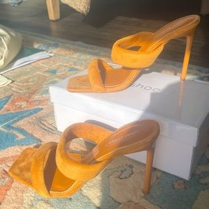 Faux Suede Double Strap Heeled Mules (Never Worn)
